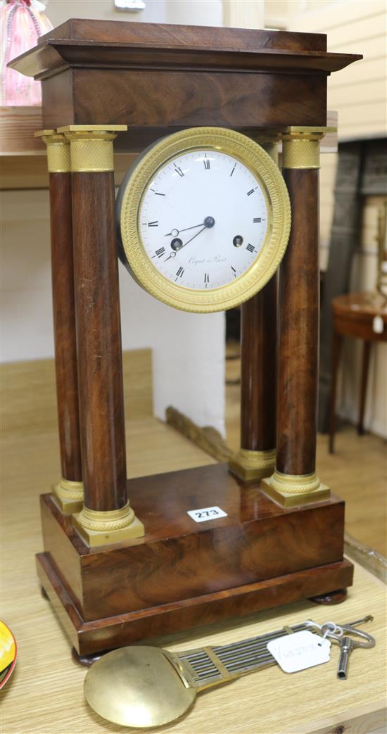 A French mahogany portico clock H.53cm, W.26.5cm